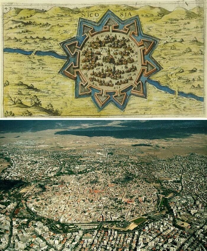 6. Карта Никосии, столицы Кипра, 16 века и город с высоты сегодня
