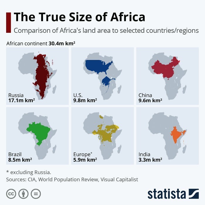 7. Размер Африки в сравнении с разными странами/регионами