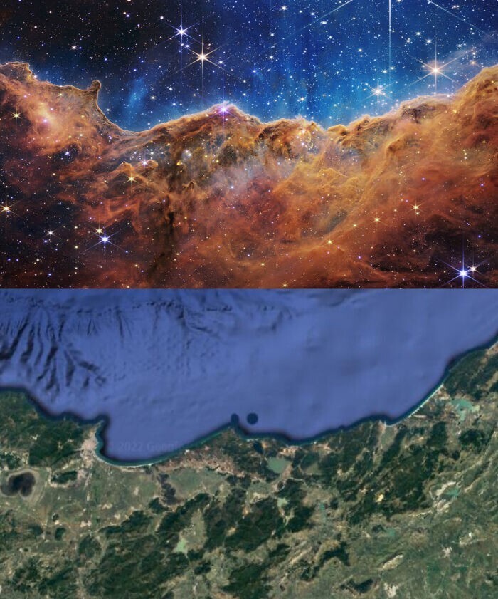 13. Туманность Киля, снятая космическим телескопом Джеймса Уэбба, похожа на восточное побережье Алжира