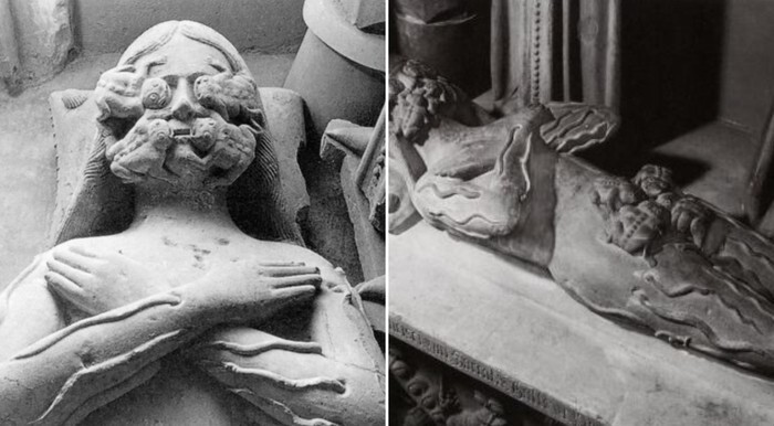 35. Надгробная скульптура Франсуа де Сарра в замке Ла Сарра, Швейцария, которая показывает, как его тело поедают лягушки и черви, XV век