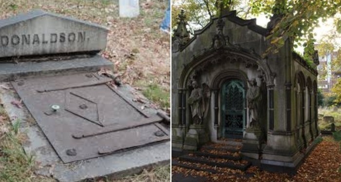 12. Викторианские закрытые могилы. Из страха быть погребенным заживо на гробницы устанавливали уже запертвые двери, а единственный ключ оставляли в руке трупа