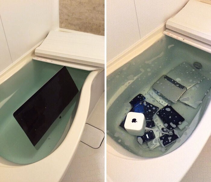 5. "Японка обнаружила, что ее парень ей изменяет, поэтому собрала все его устройства Apple и бросила их в ванну с водой"