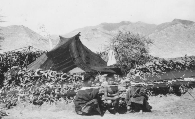 30. Тибетские нищие сидят в ожидании паломников у священного пути вокруг Поталы, стена на фоне сделана из рогов, 1944 год