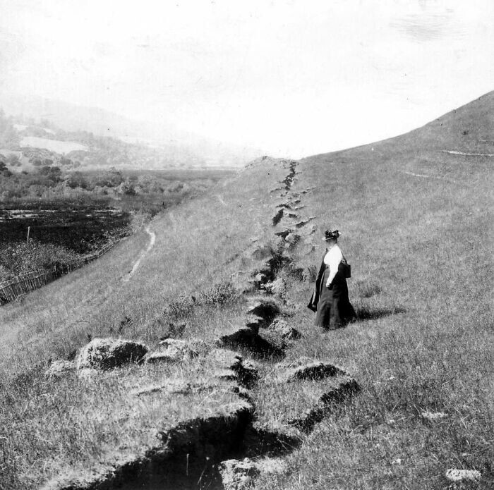 28. Известный ботаник Элис Иствуд осматривает трещину, оставшуюся после землетрясения 1906 года около Олемы, Калифорния