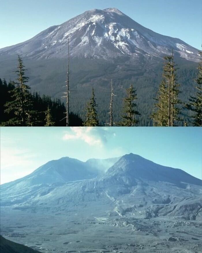 20. Вулкан Сент-Хеленс сфотографирован с одного и того же места, за день до извержения и через четыре месяца после извержения