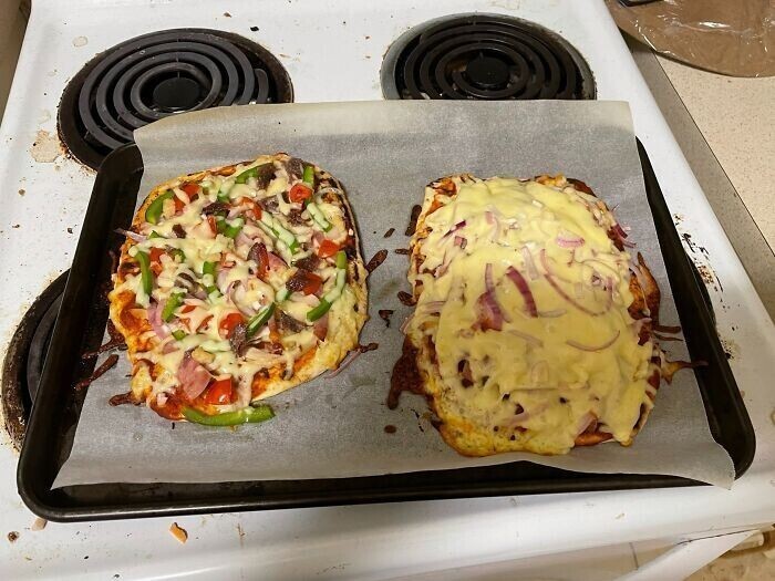 "Слева - моя пицца, справа - одноклеточное, созданное мужем"