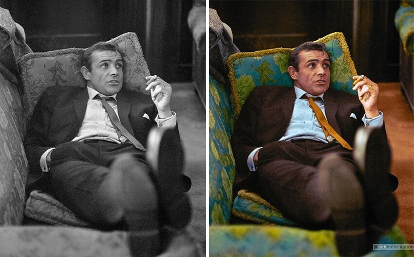 25. Шон Коннери отдыхает на диване с сигаретой, 8 октября 1963 года