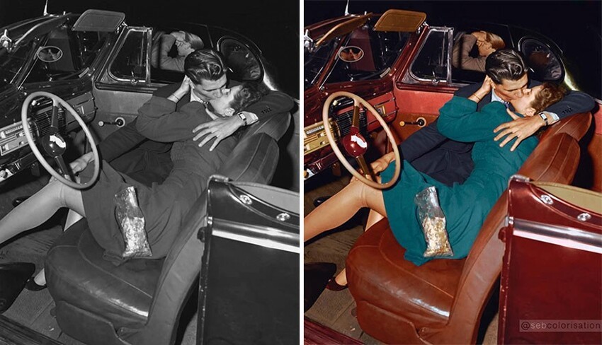 19. Пара целуется на переднем сиденье кабриолета в кинотеатре под открытым небом. Снято в 1945 году