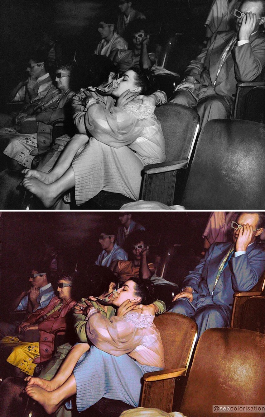 40. Пара целуется в кинотеатре, фото Weegee 1943 года