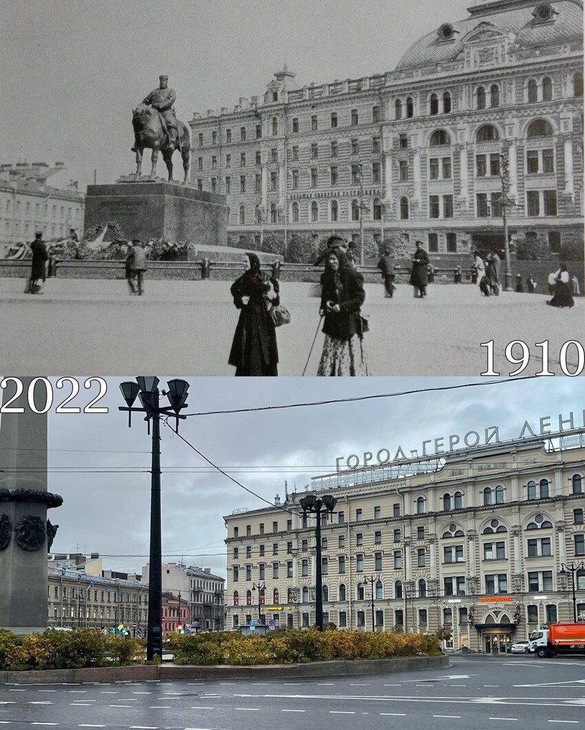 Знаменская площадь до революции и современная площадь Восстания в Петербурге