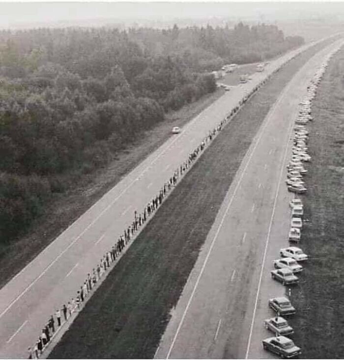 5. 23 августа 1989 года около 2 миллионов жителей Латвии, Эстонии и Литвы выстроились в живую цепь в рамках мирной акции "Балтийский путь"