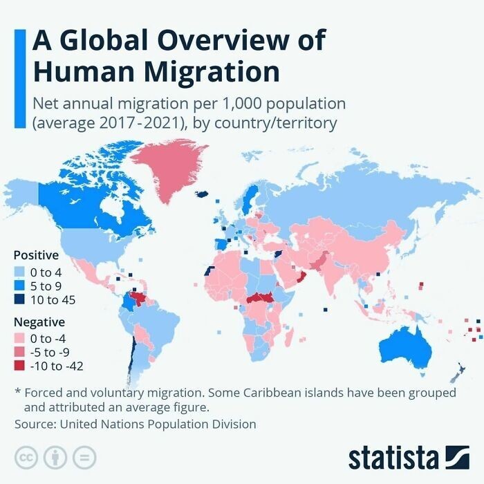 27. На этой карте показана чистая годовая миграция (в среднем за 2017–2021 годы) по странам/территориям на 1000 жителей