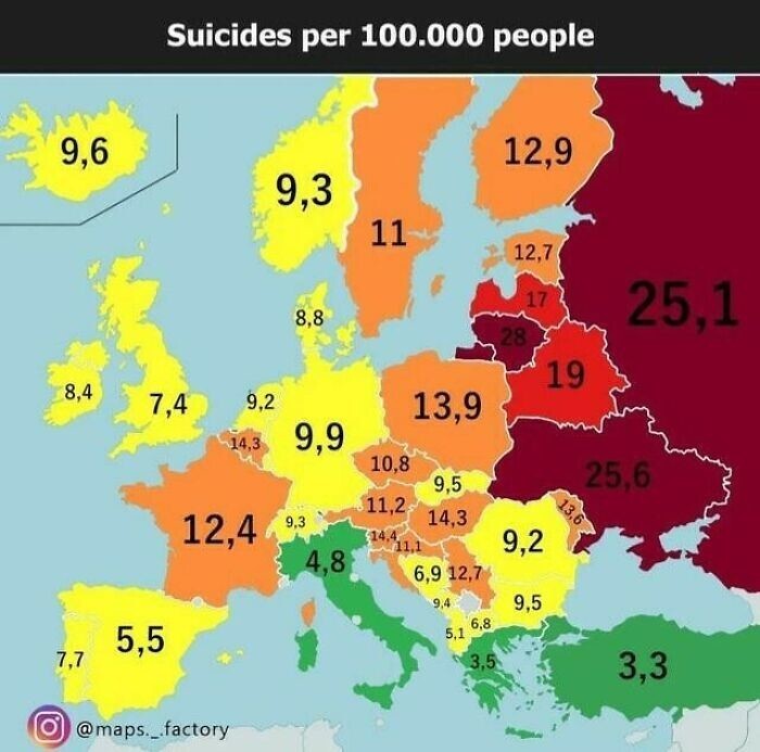 3. Самоубийства в Европе в 2018 году (на 100 000 человек)