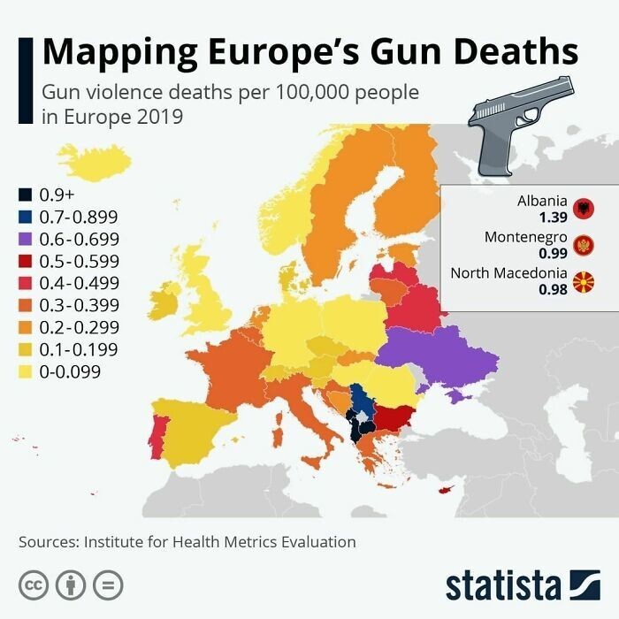 8. Эта карта показывает количество смертей от огнестрельного оружия в Европе в 2019 году (на 100 000 человек)