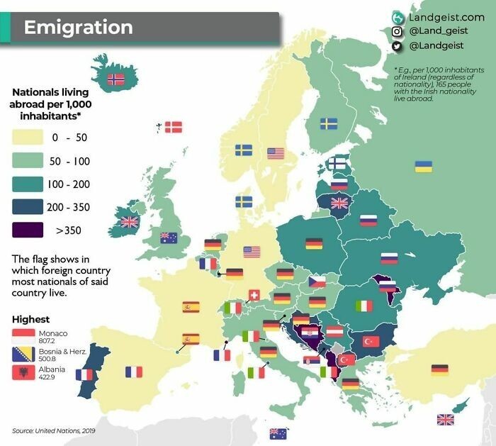 13. Куда мигрируют европейцы и сколько из них живут за границей (количество иностранцев на 1000 жителей; флаг показывает, каких иностранцев в этой стране больше всего)