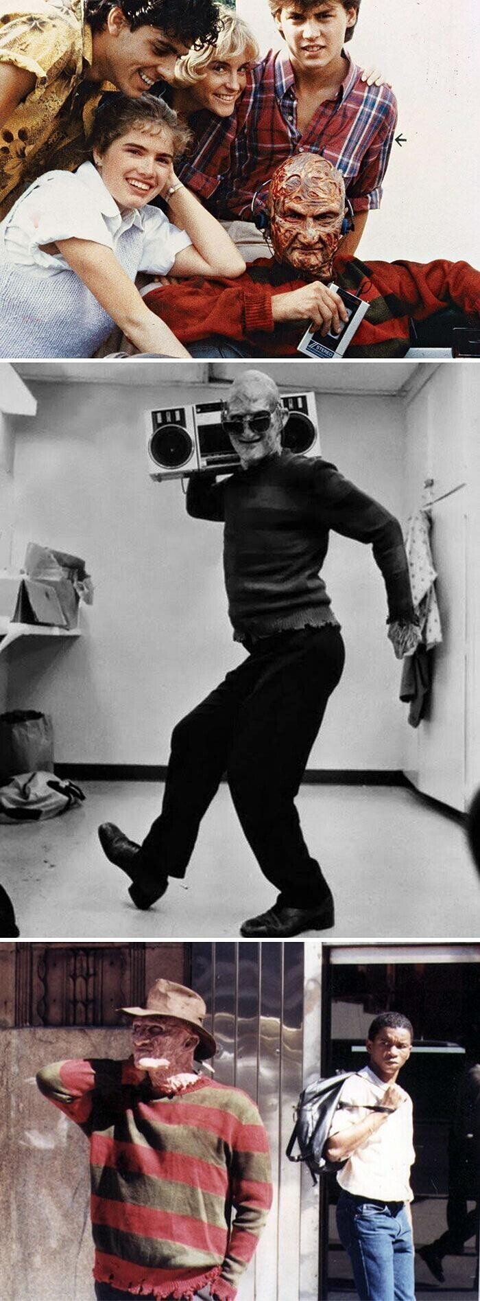 Роберт Инглунд в роли Фредди Крюгера, молодой Джонни Депп и другие актёры фильма "Кошмар на улице Вязов" 1984 год