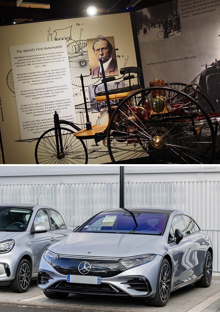 15. Benz Patent-Motorwagen (1885) и Mercedes-Benz EQS (2022)