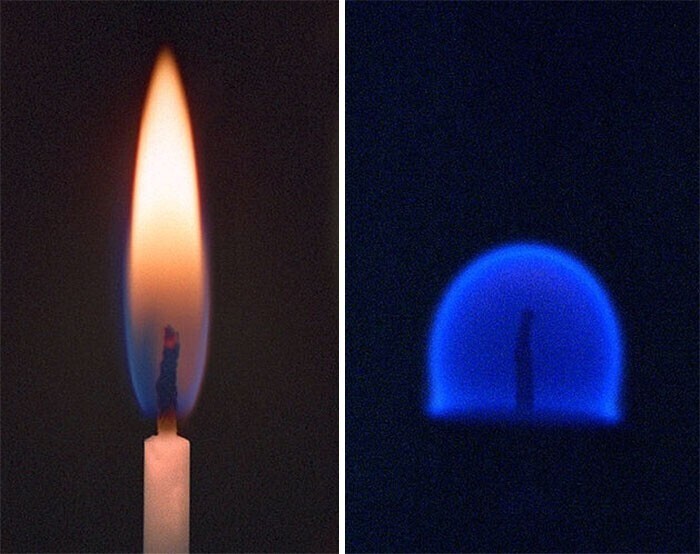 Горящая свеча на Земле и свеча на Международной космической станции