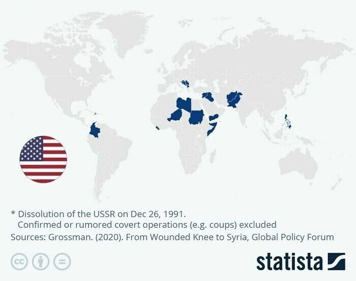 На этой карте показаны страны, подвергшиеся прямому военному нападению или вмешательству с участием войск США после окончания холодной войны