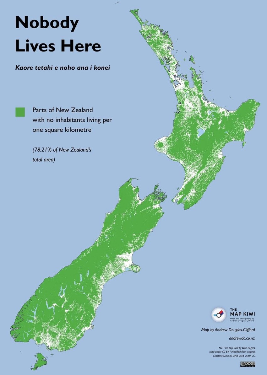 16. Зеленым отмечены места в Новой Зеландии, где никто не живет