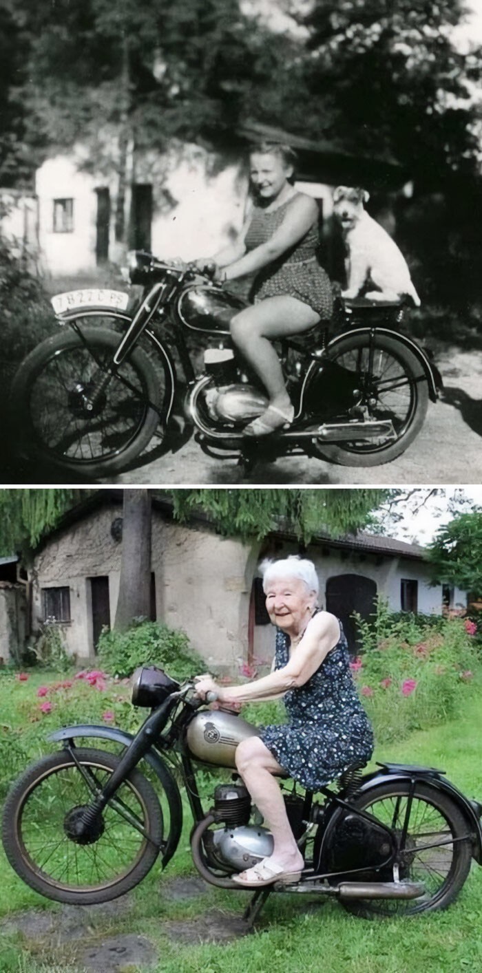 4. Тот же велосипед, тот же дом, то же дерево и та же женщина, только 71 год спустя