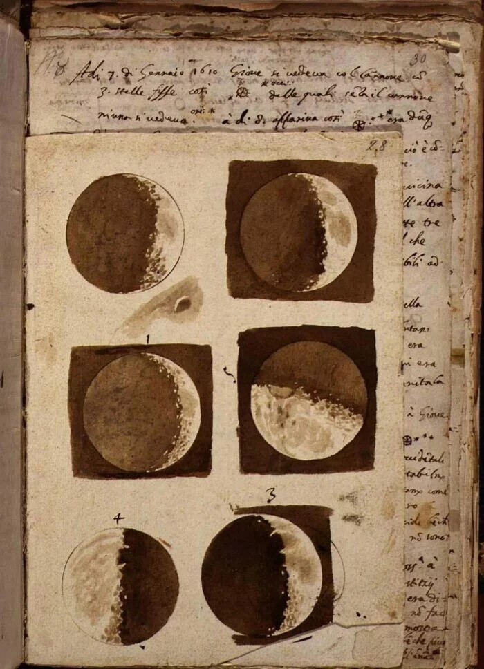 Самые первые наброски луны, сделанные Галилео Галилеем, после наблюдения за ней в телескоп в 1609 году
