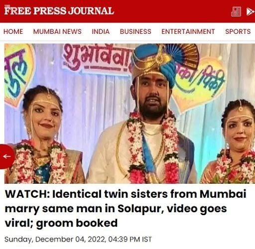 Житель Индии женился сразу на двух сёстрах-близнецах и был задержан полицией