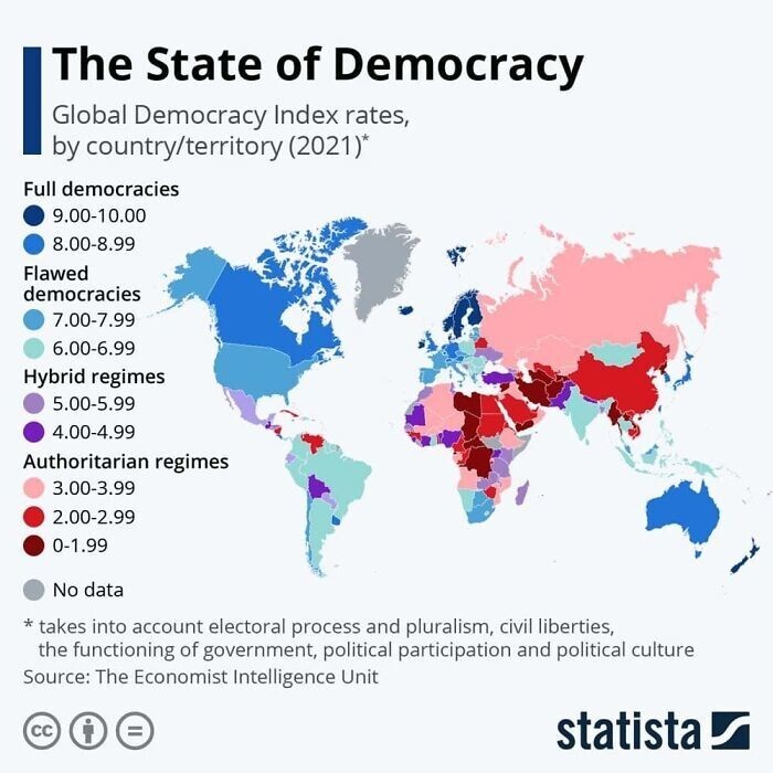 13. Страны мира по индексу демократии, 2021 год