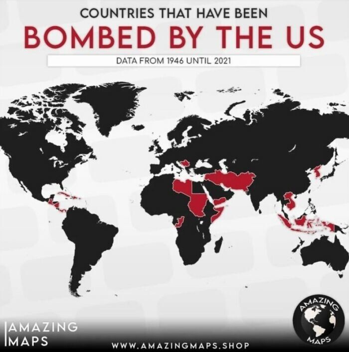 26. Страны, на которые США сбрасывали бомбы после Второй мировой войны (с 1946 по 2021 год)
