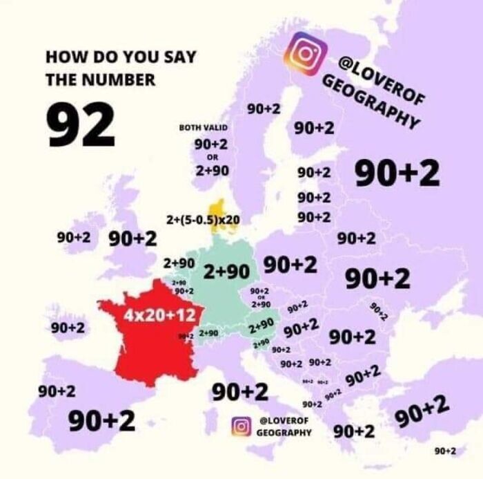 16. Как в разных странах (языках) произносят число 92. Да, эта карта создавалась ради Франции и Дании