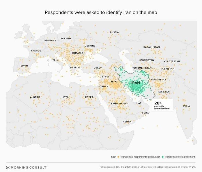 8. Американцев попросили показать на карте Иран. Справились лишь 28%