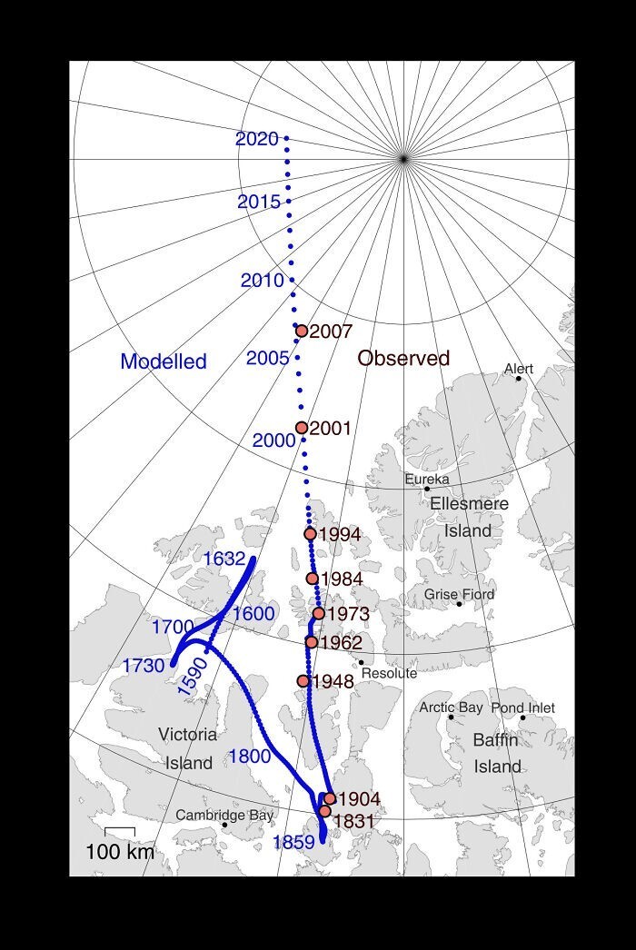 11. Положение Северного магнитного полюса с 1590 года
