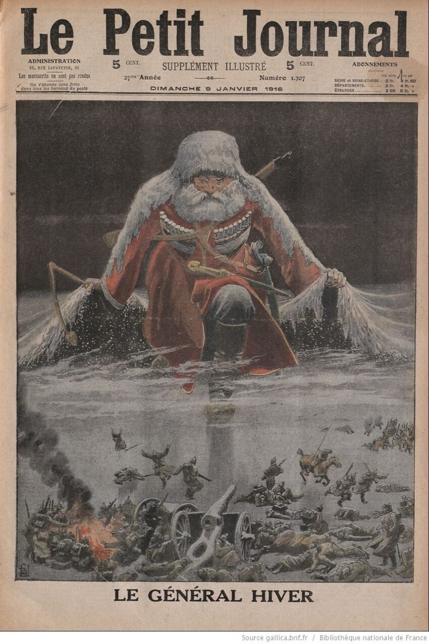 Генерал Мороз - непобедимый союзник России. Первая полоса парижского «Le Petit Journal», 9 января 1916 года