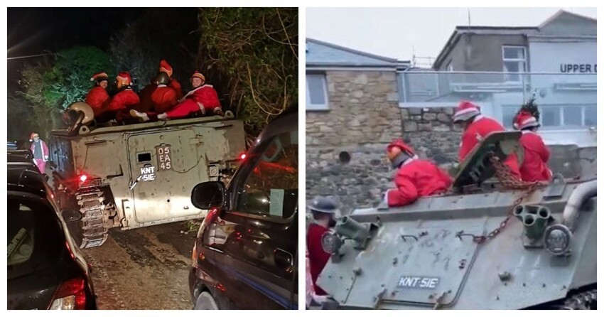 В Англии пьяные Санта-Клаусы катались на БТР и застряли на узкой улице