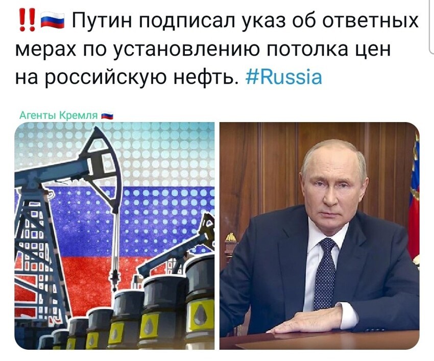 Он вводит запрет на поставку российской нефти и нефтепродуктов компаниям, если в контрактах прямо или косвенно используется потолок цен