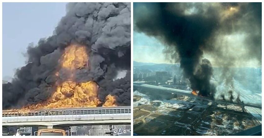 Страшный пожар охватил туннель вдоль скоростной автомагистрали в Южной Корее