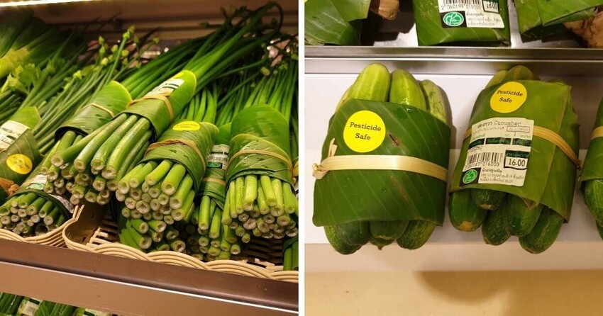 В супермаркетах Таиланда отказываются от пластиковых упаковок, заворачивая продукты в банановые листья