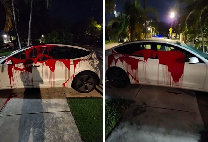 Кто-то припарковался на тротуаре. Его машину облили краской