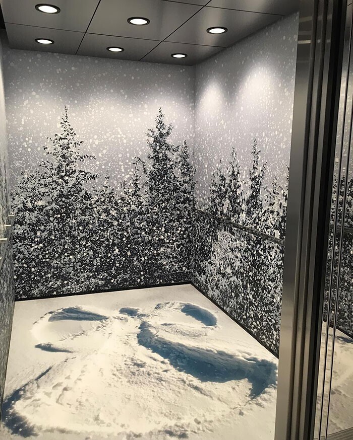 Чудесный зимний пейзаж в лифте