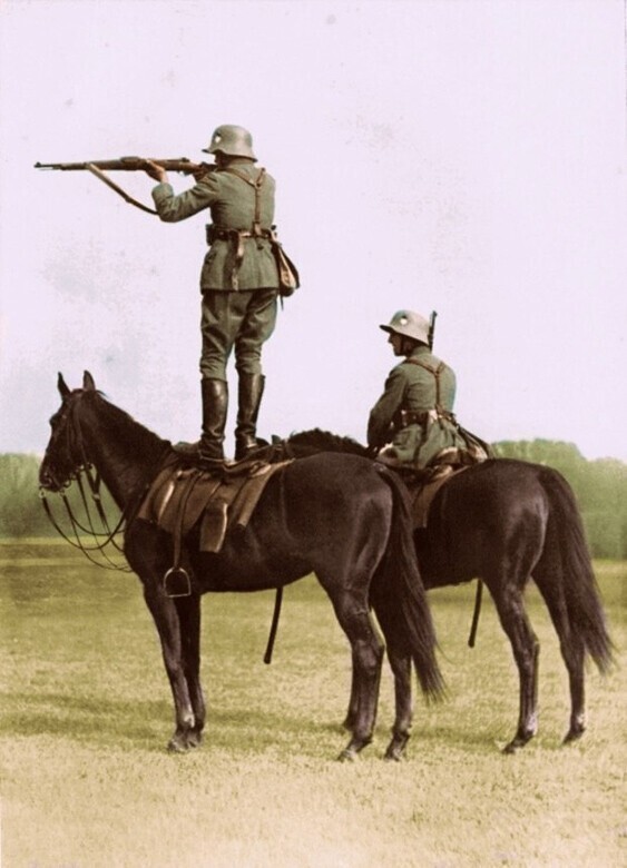 Немецкий солдат стреляет из винтовки, стоя на лошади. 1939 год