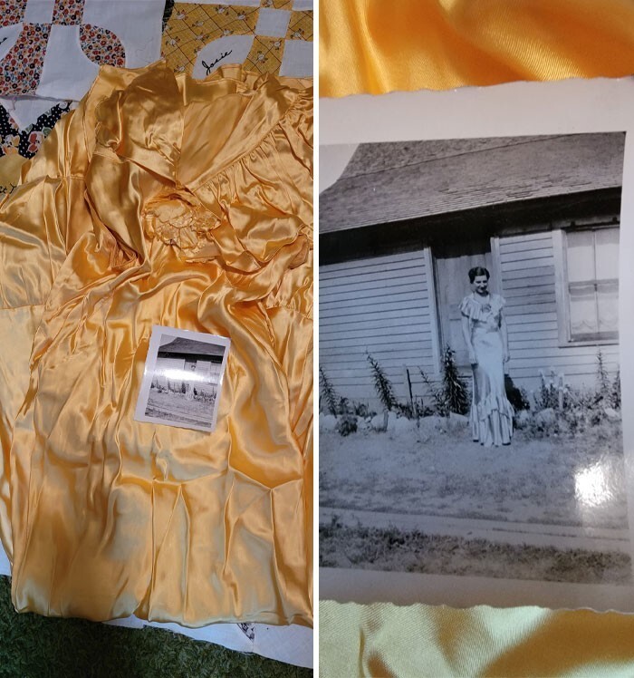 26. "Сегодня я нашла вечернее платье моей бабушки в ее сундуке с приданым. Там была и фотография бабушки в нём"