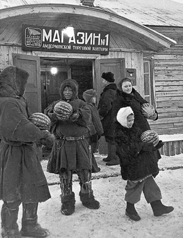 Торговля арбузами в поселке Амдерма на берегу Карского моря, 1952 год