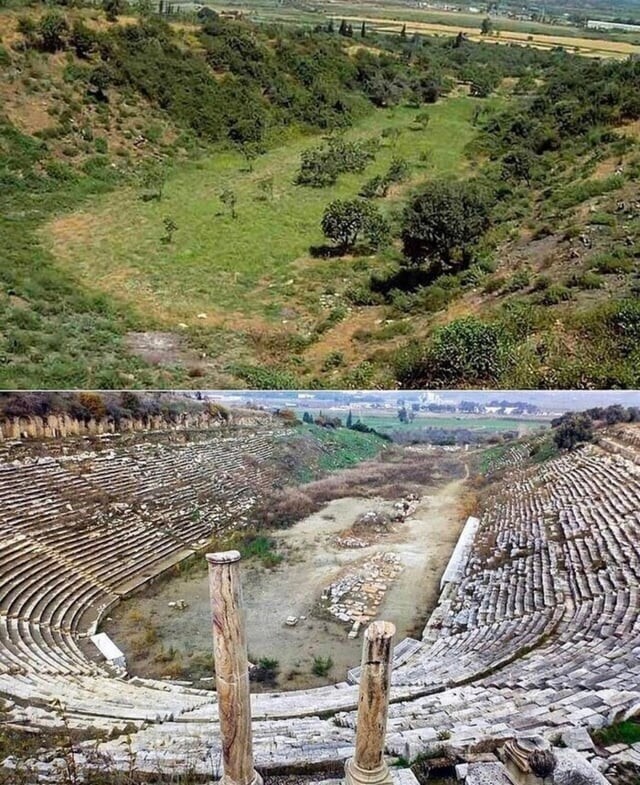 Древний стадион Магнезии в Турции до и после начала раскопок. Стадион был построен в 1 веке нашей эры и вмещал 40 000 человек