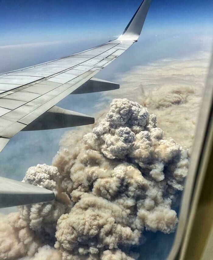 4. Фотография из окна самолета, пролетающего над лесными пожарами в Австралии