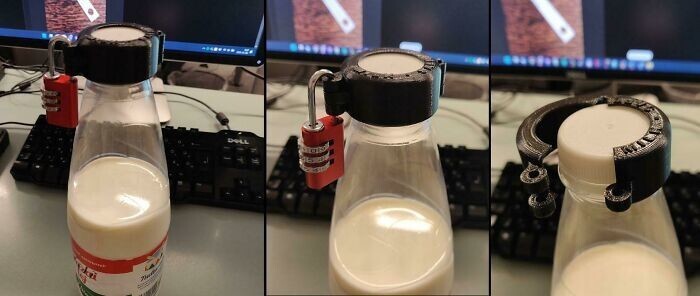 8. "Кто-то постоянно воровал мое молоко из холодильника в офисе, так что я сделал замок для бутылки"