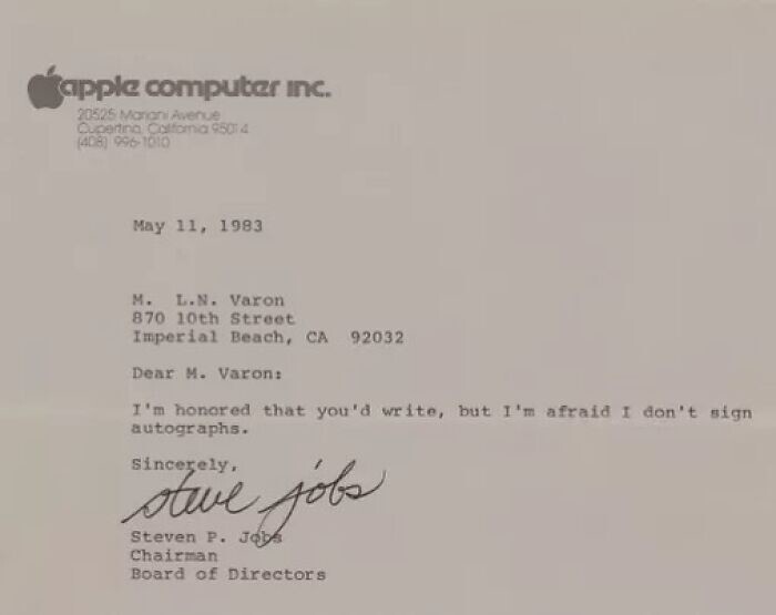 14. Письмо 1983 года с автографом Стива Джобса, которое недавно ушло с аукциона за 479 939 долларов.