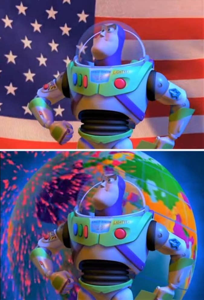 2. В международной версии «Истории игрушек 2» Базз произносит свою речь перед земным шаром, а не американским флагом