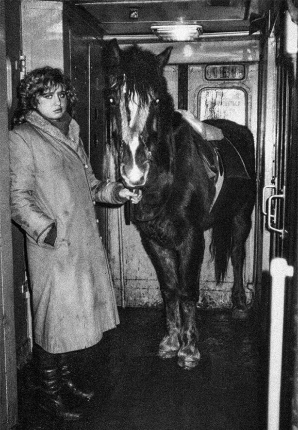 Женщина перевозит лошадь в электричке, Ленинградская область, 1993 год