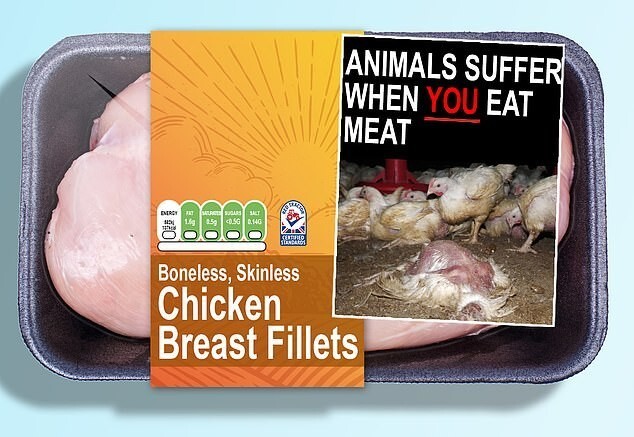 "Когда вы едите мясо, животные страдают" - надпись на упаковке с куриными грудками