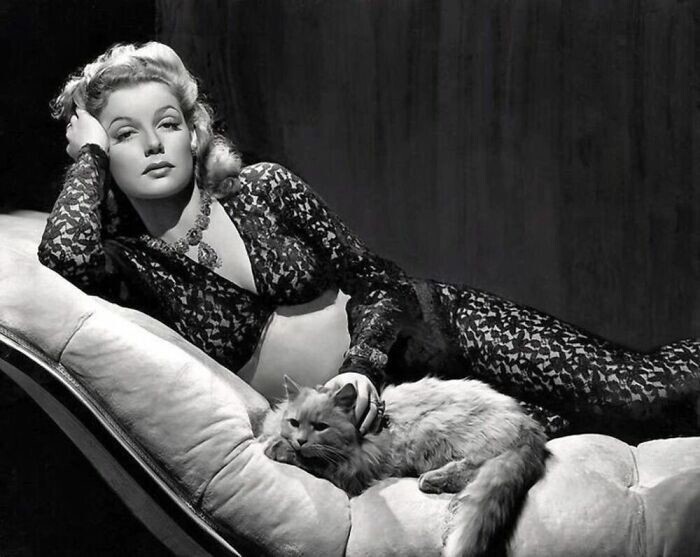 Актриса Энн Шеридан с кошкой, 1947 год